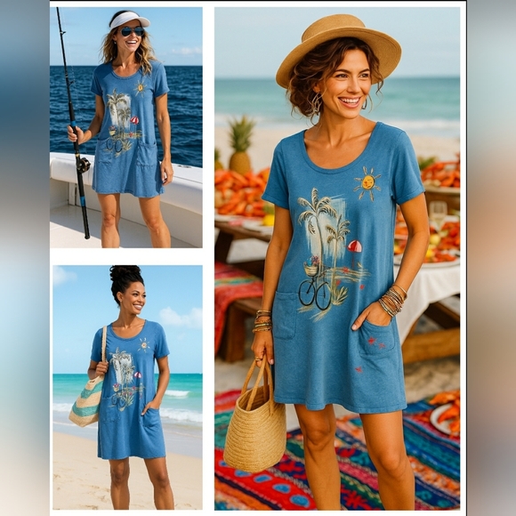 Jess & Jane Casual Blue Beach Washed Pockets Tee Shirt Dress Soft Comfy Vacation - Picture 1 of 6